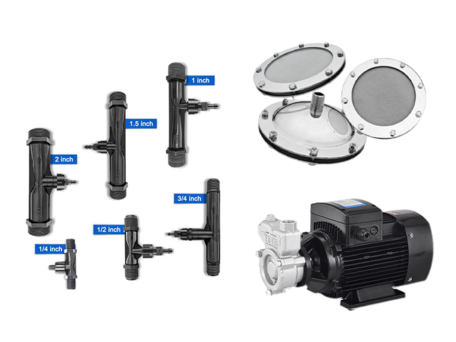 1 injector, 3 titanium alloy aerator discs, and a gas-liquid mixing pump
