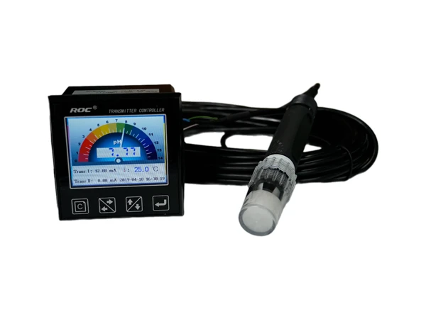 A pH/ORP-8500A controller and sensor displaying measurement results