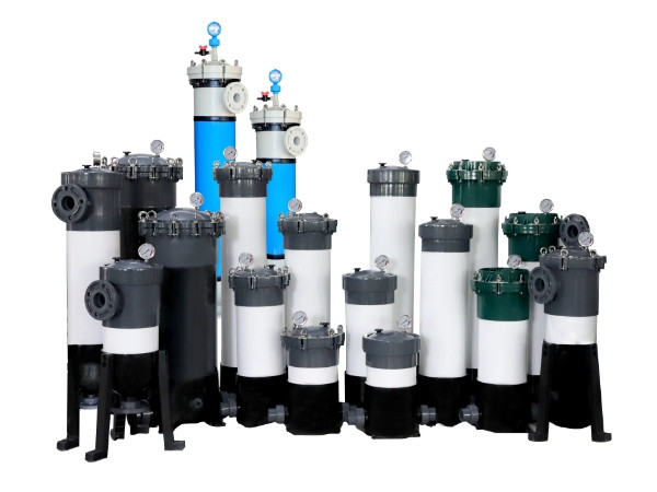 Several different types of plastic precision filter housing on white background.