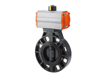 A 887 type plastic pneumatic butterfly valve on white background.