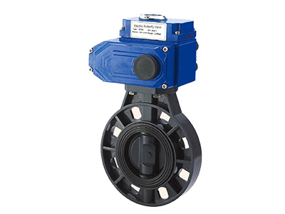 A 987 type electric plastic butterfly valve on white background.
