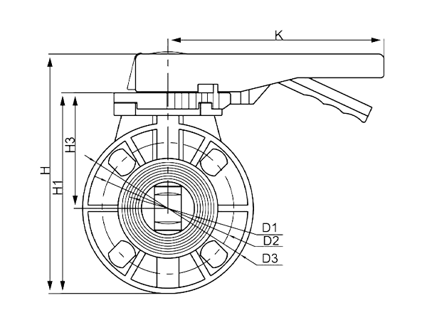 A dimension drawing of standard plastic butterfly valve.