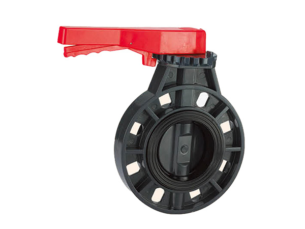 A standard plastic butterfly valve on white background.
