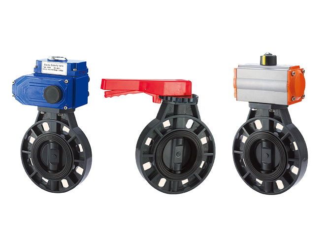 Three different types of plastic butterfly valves.