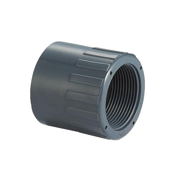 Plastic female thread connector on white background.