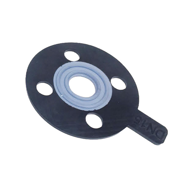 Plastic flange gasket on white background.