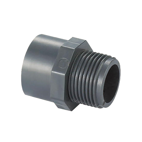 Plastic male thread connector on white background.