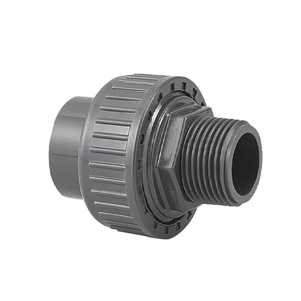Plastic male thread union joint on white background.