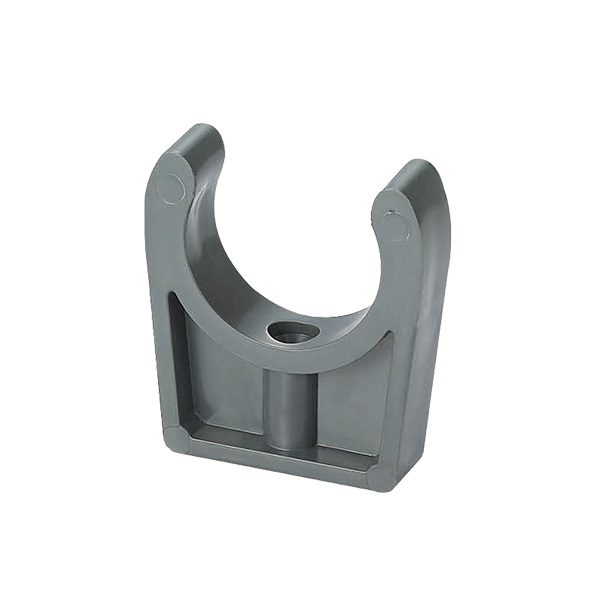 Plastic pipe clamp on white background.