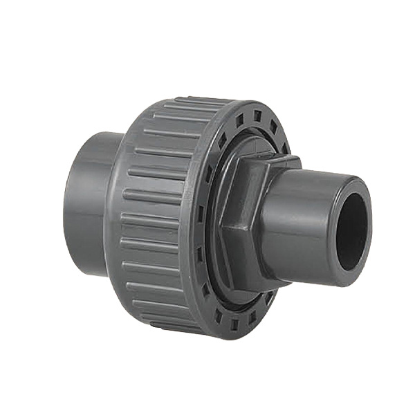 Plastic plug-in union joint on white background.