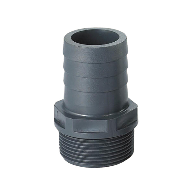 Plastic threaded type hose connector on white background.