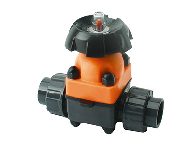 A double union diaphragm valve on white background.