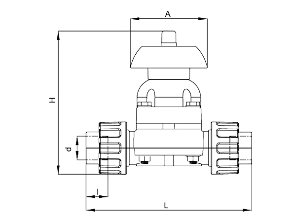 A dimension drawing of double union diaphragm valve.