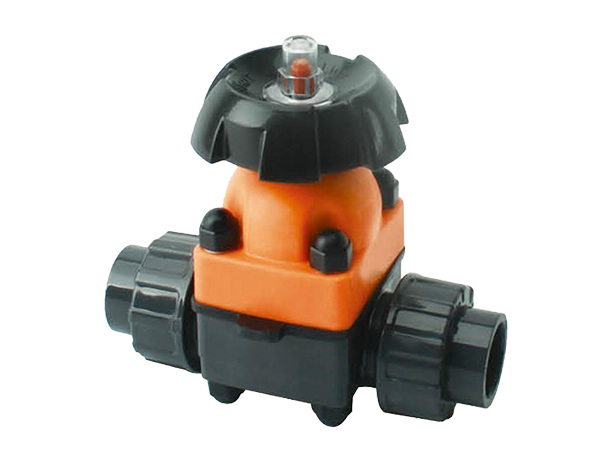 A double union diaphragm valve on white background.