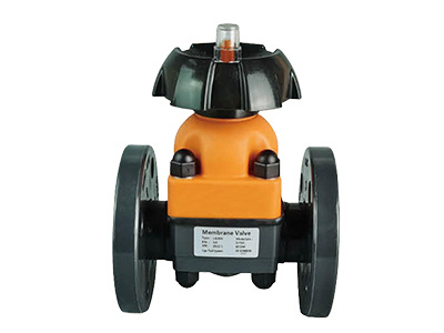 A flange type diaphragm valve on white background.