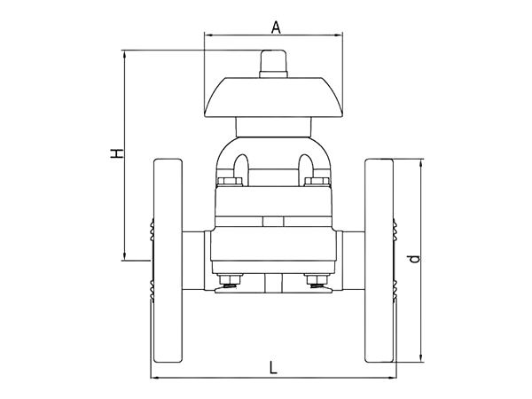 A dimension drawing of flange type diaphragm valve.