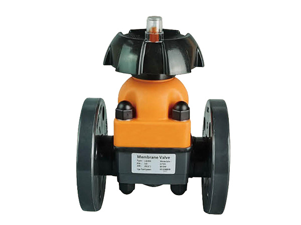 A flange type diaphragm valve on white background.