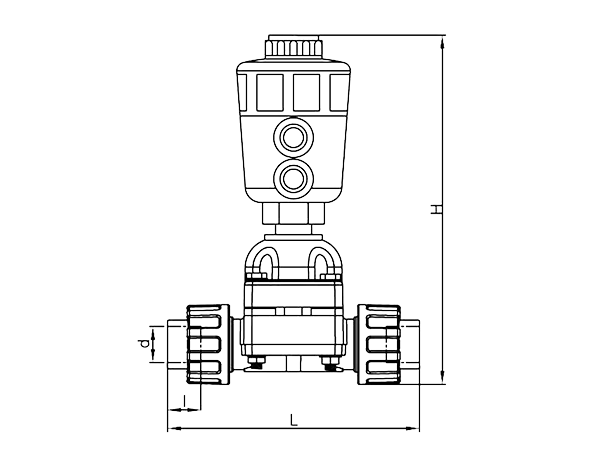 A dimension drawing of pneumatic type diaphragm valve.