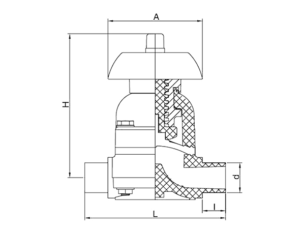 A dimension drawing of socket type diaphragm valve.