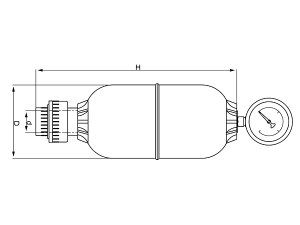 A dimension drawing of SWMK air pulse damper on white background.