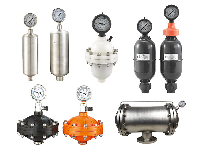 Several different pulse dampers on white background.