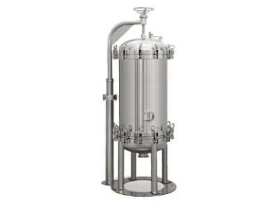 A precision liquid filter housing on a gray background