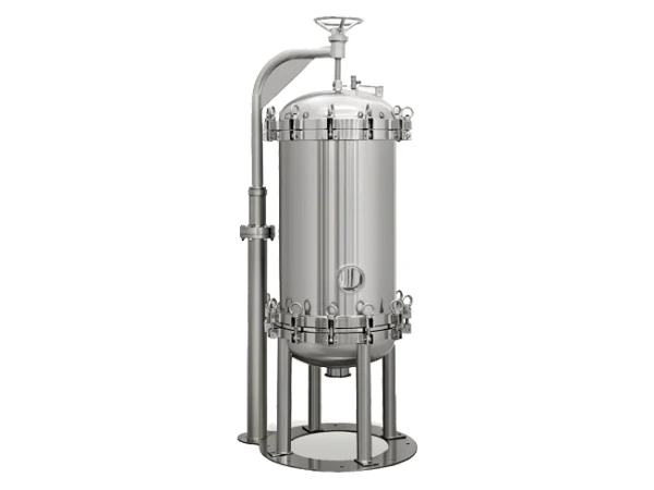 A precision liquid filter housing on a gray background