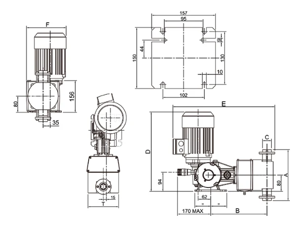 Installation dimensions diagram of a PS2 series SEKO plunger dosing pump