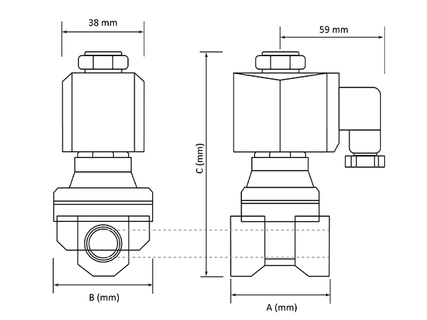 Annotated diagram of a PU direct-acting normally closed solenoid valve