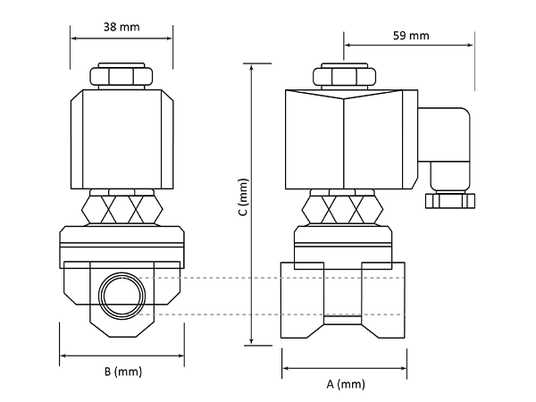 Labeled diagram of a PU-K direct-acting normally open solenoid valve