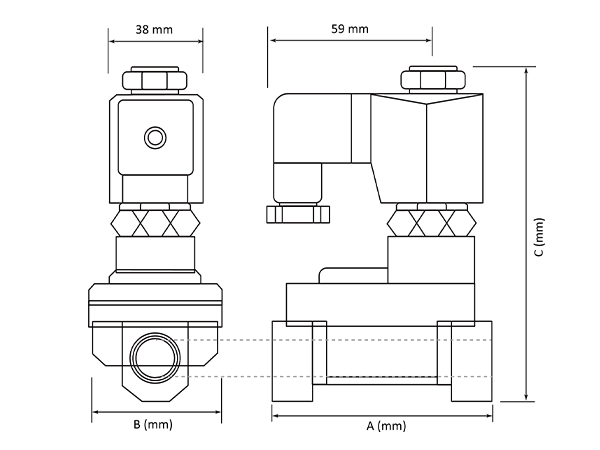 Annotated outline of the PX-K pilot-operated normally open solenoid valve.