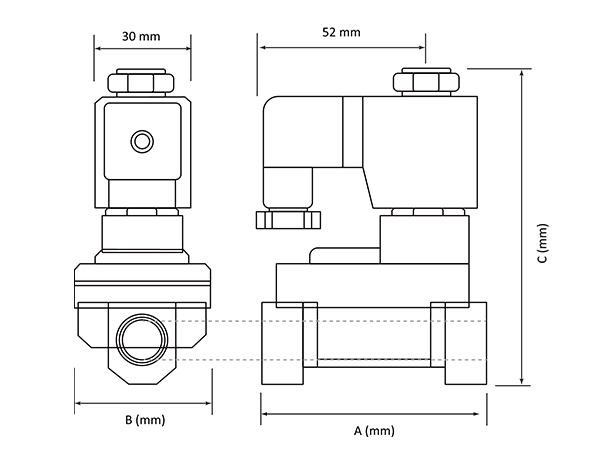 Annotated outline of the PX pilot-operated normally closed solenoid valve.