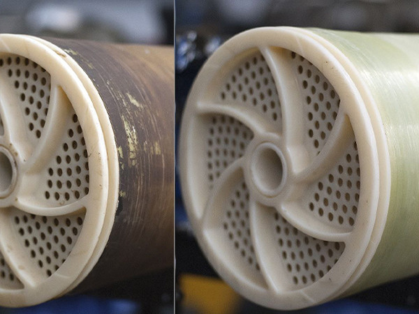 Before and after contrast of the RO membrane is clogged by the scale.