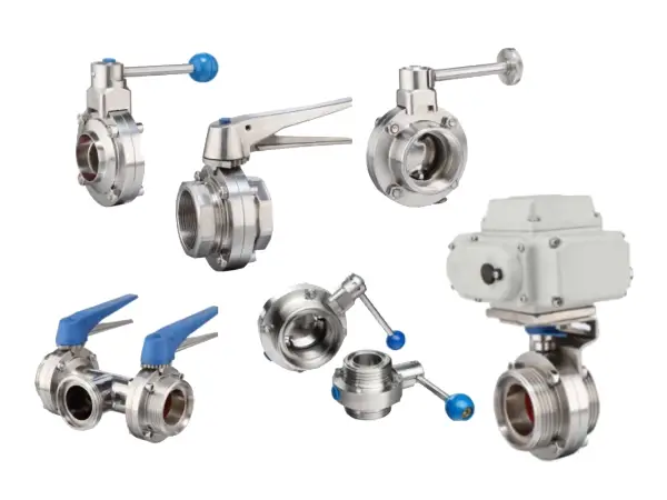Multiple different types of sanitary metal butterfly valves