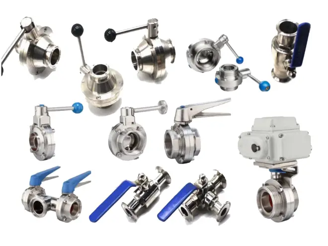 Many different types of sanitary metal valves
