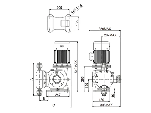 Installation dimensions diagram of the SEKO mechanical diaphragm dosing pump, Kosmo series, model MM2