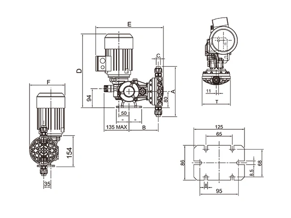 Installation dimensions diagram of the SEKO mechanical diaphragm dosing pump, Kosmo series, model MS1
