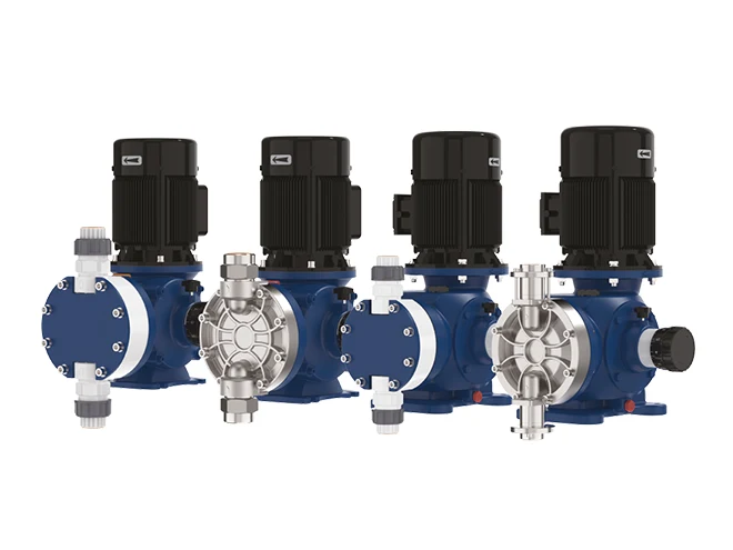 4 SEKO mechanical diaphragm dosing pumps of different models arranged in a row