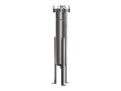 A side entry bag filter housing on a gray background