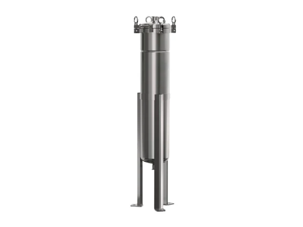 A side entry bag filter housing on a gray background
