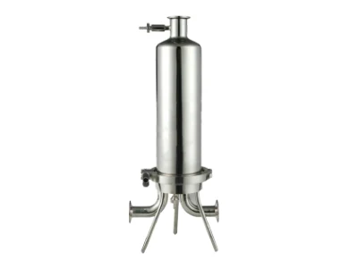 A single cartridge sanitary filter housing on a gray background