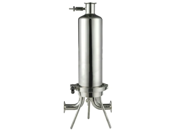 A single cartridge sanitary filter housing on a gray background