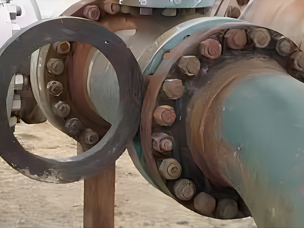 The spectacle blind is located in the closed position to prevent the flow of fluid in the pipeline.