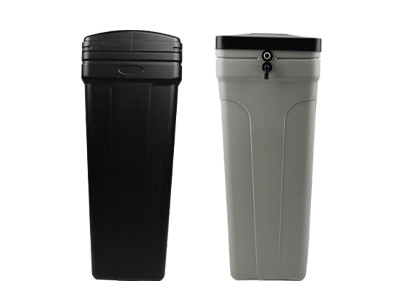 A black and a gray square FRP softener tank on the white background.