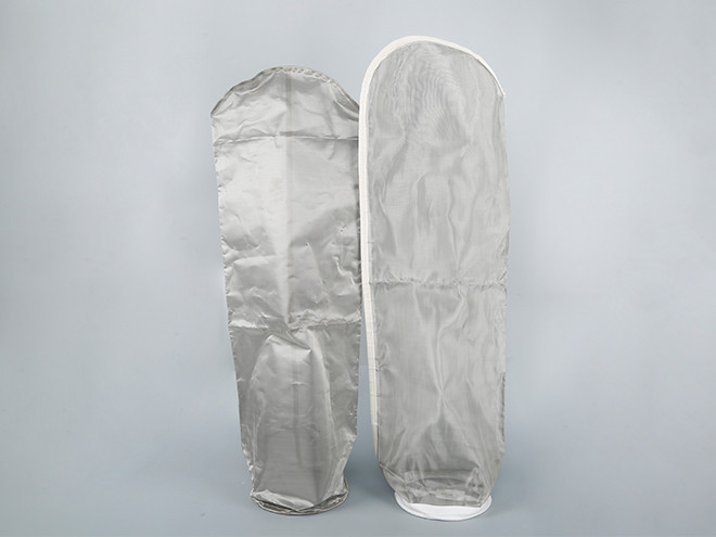 Two stainless steel filter bags on white background.