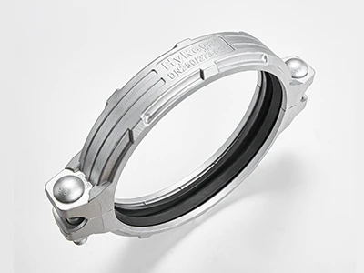 A piece of g30 stainless steel rigid grooved coupling on white background