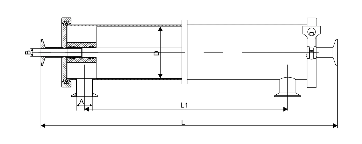 A Drawing of SV400SS25/40 side port sanitary grade stainless steel membrane housing