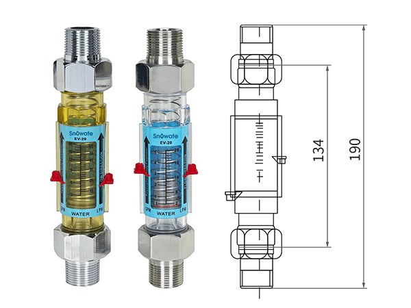 A brass/stainless steel male connection dimension drawing of SVF EV series plastic tube variable-area flow meter