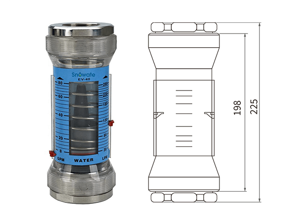 A brass/stainless steel female connection dimension drawing of SVF EV series plastic tube variable-area flow meter