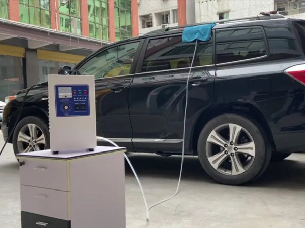 Vertical ozone generator is disinfecting and purifying the interior of a car